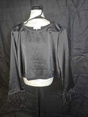 Black Feather-Trim Satin Skirt Set